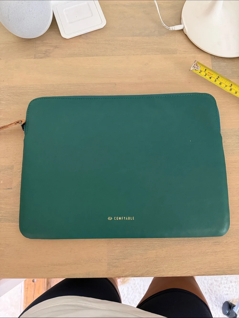 Green Leather Laptop Sleeve with Zip Closure